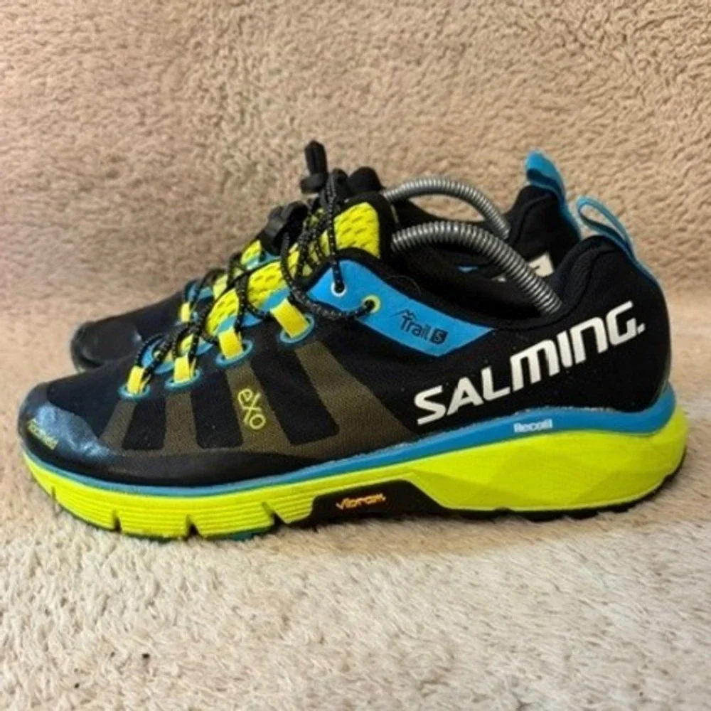 Salming Trail 5 Trail Running Shoes Mens Size 10 Black Yellow Blue Vibram EUC
